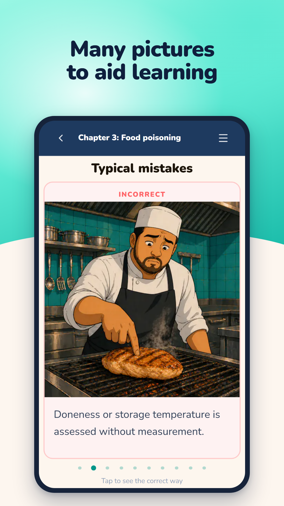 Many pictures to aid learning: an incorrect practice, the doneness of meat judged by touch without measuring.