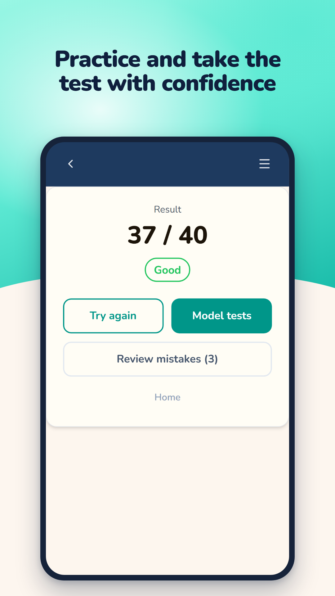 Model test result: 37 of 40, with buttons to try again, open the model tests or review the three mistakes.