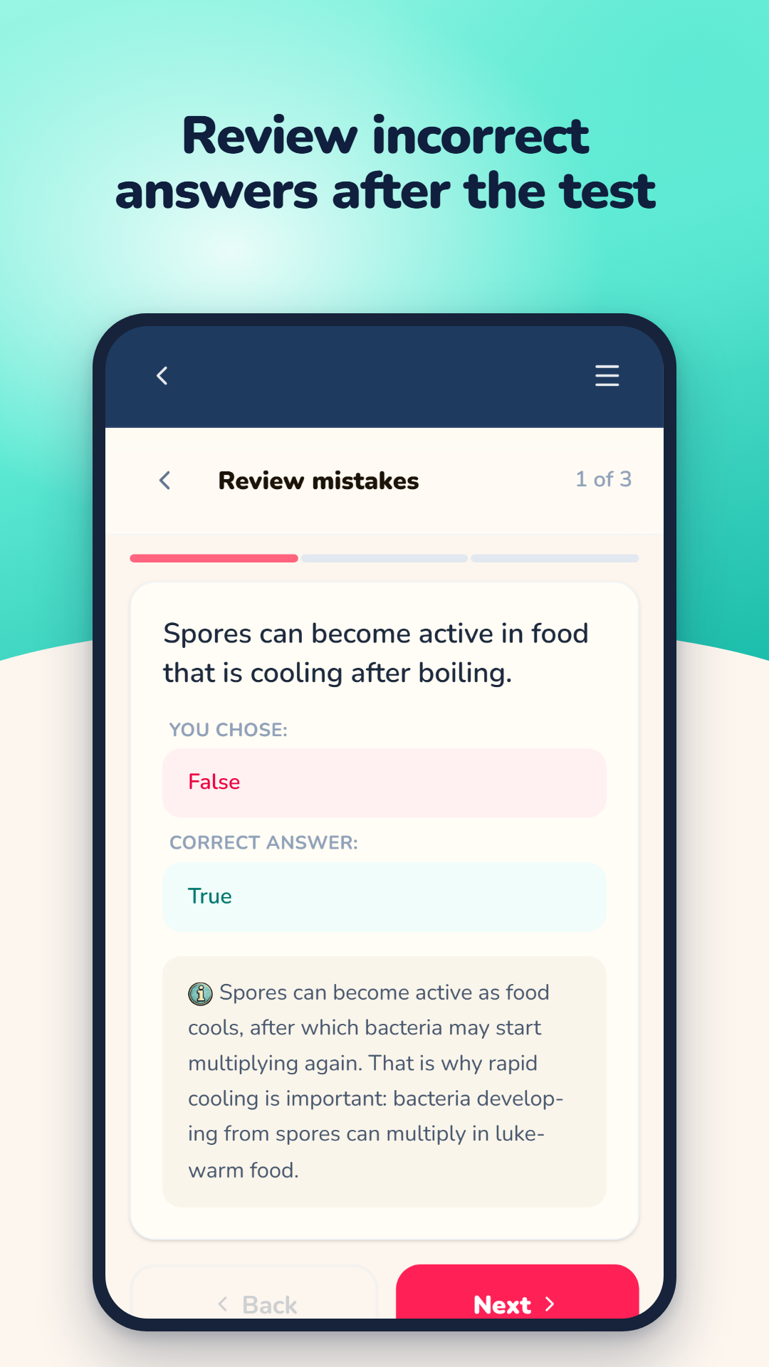 Reviewing mistakes after a test: your answer, the correct answer and an explanation.