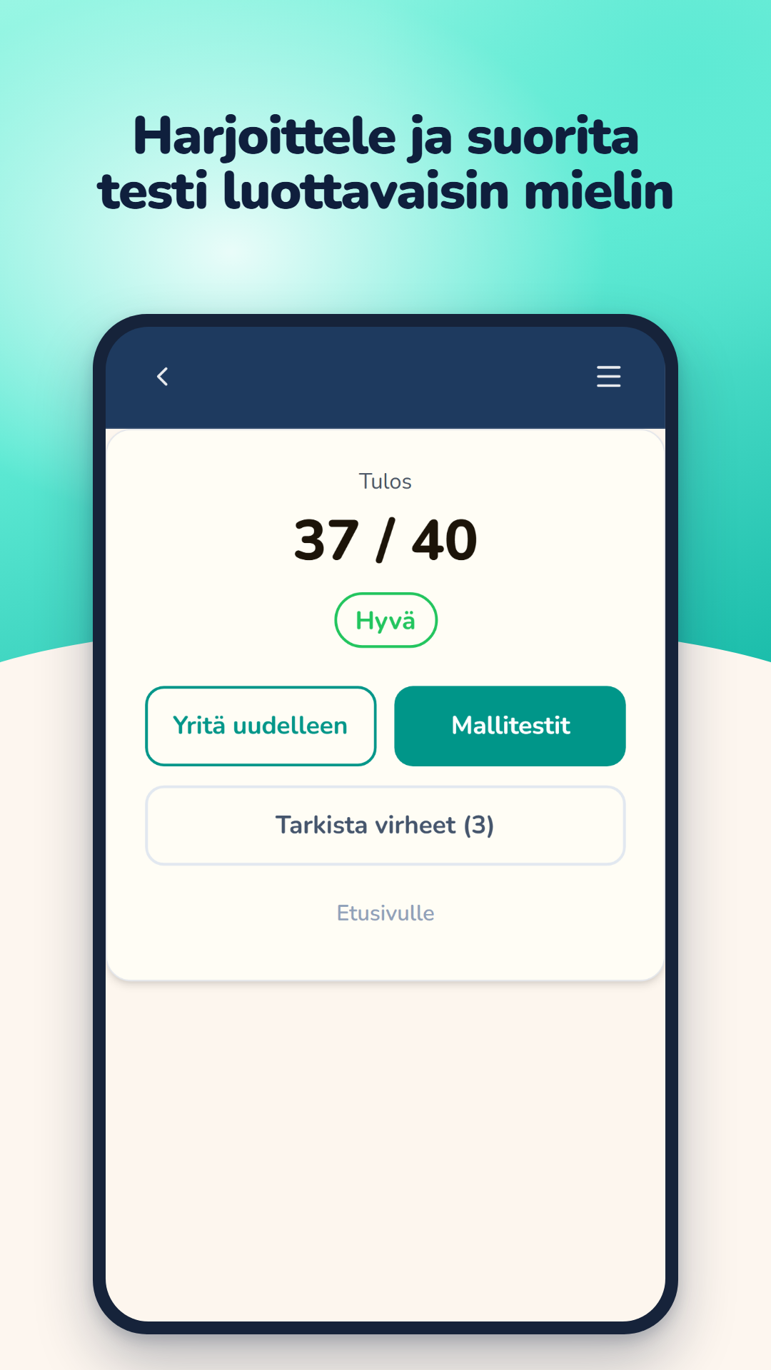 Mallitestin tulos: 37/40 sekä painikkeet uudelleenyritykseen, mallitesteihin ja kolmen virheen tarkistukseen.
