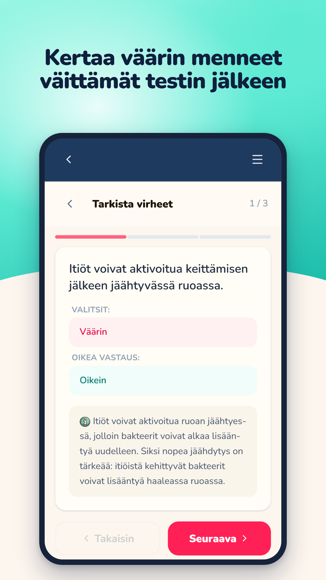 Virheiden tarkistus testin jälkeen: valittu vastaus, oikea vastaus ja perustelu.