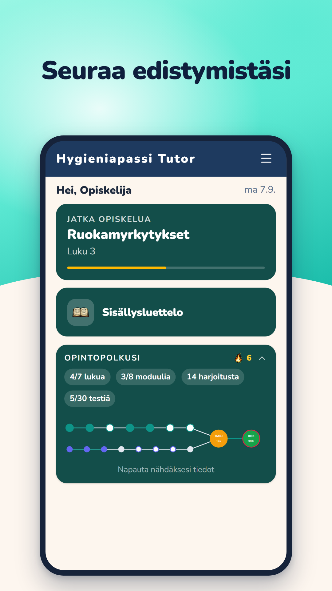 Pääsivu: jatka opiskelua, sisällysluettelo ja opintopolku, joka näyttää luvut, moduulit, harjoitukset ja mallitestit.